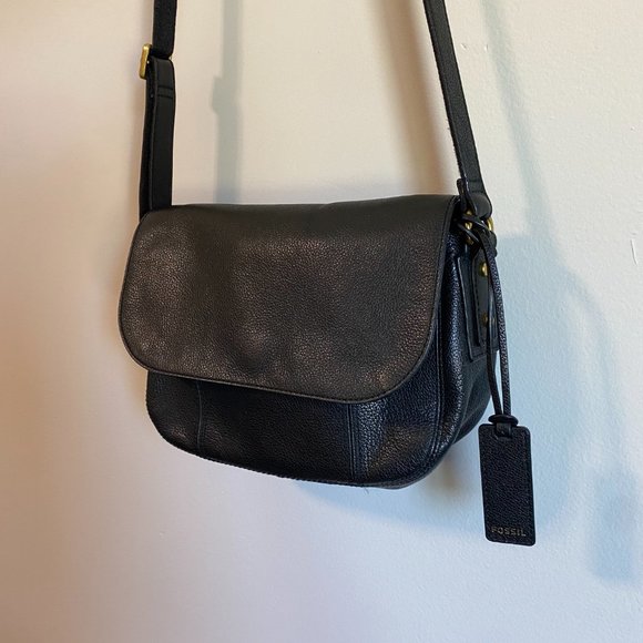 Fossil Black Leather Crossbody Bag Purse Small Adjustable Strap - Picture 5 of 13